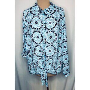 PETER NYGARD XL Blue Geometric Tunic Blouse Tie Front Top Shirt